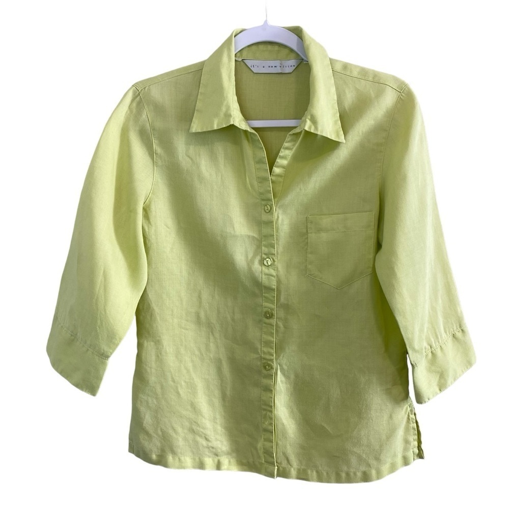 It’s A New Vision - Linen 3/4 Sleeve Button Down Blouse in Soft Lime - Small
